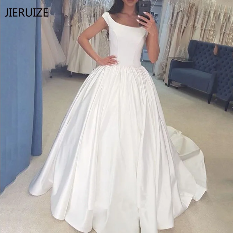 

JIERUIZE White Simple Satin Wedding Dresses Ball Gown Lace Up Back Bride Dresses Wedding Gowns robe de mariee