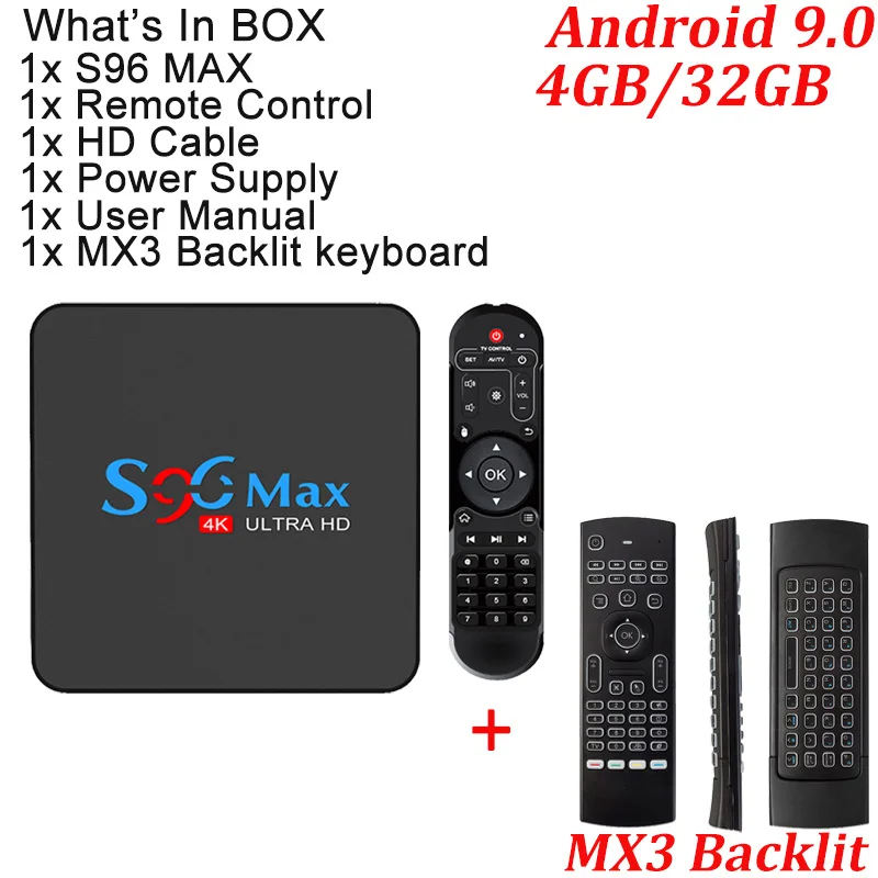TV BOX with MX3 S96 MAX Android 9,0 ТВ приставка 4 Гб ОЗУ 32 Гб Смарт медиаплеер RK3318 Четырехъядерный 4k HDR телеприставка USB 3,0 BT 5G wifi PK X96 - Цвет: TV BOX with MX3