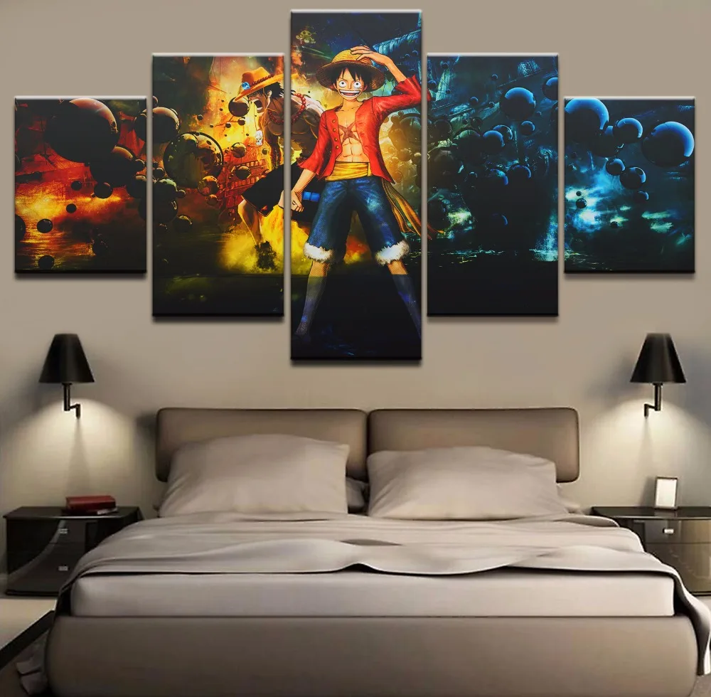 5 панельных холщовых картин One Piece Portgas D. Ace модульные картины для гостиной