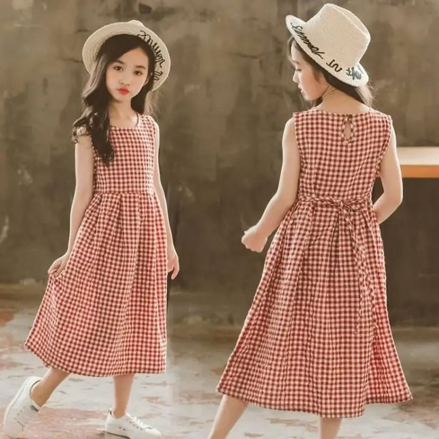 Red Plaid Dress for Girls Summer Kids England Fashion Linen Long Dresses Teen Girl Sleeveless Maxi 8 10 12 14 | Детская одежда и