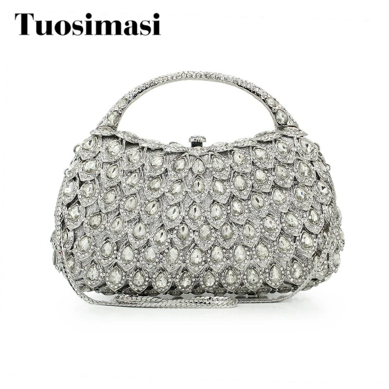 

sliver crystal purse with chain flower hard clutch evening bag clutch bag (8760A-S)