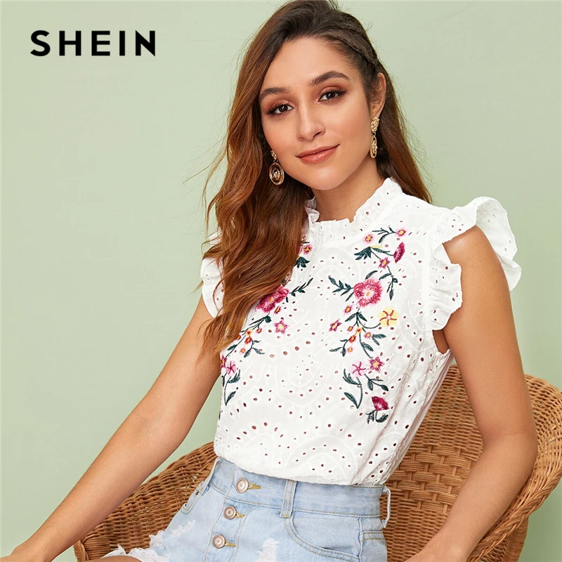 SHEIN модный топ с рюшами и вышивкой,, Белая Летняя Блузка с воротником-стойкой и пуговицами, Boho блузки с рукавом-бабочкой