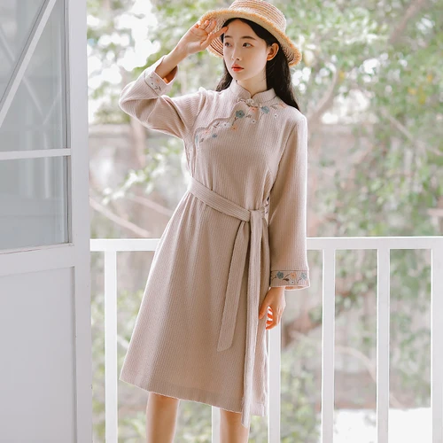 Women Vintage Embroidery Cheongsam Collar Dress 2019 Spring New Hot Fashion Female Casual Long Sleeve Dresses With Belt | Женская одежда