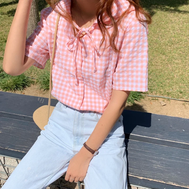 Повседневная рубашка с коротким рукавом в студенческом стиле женские летние