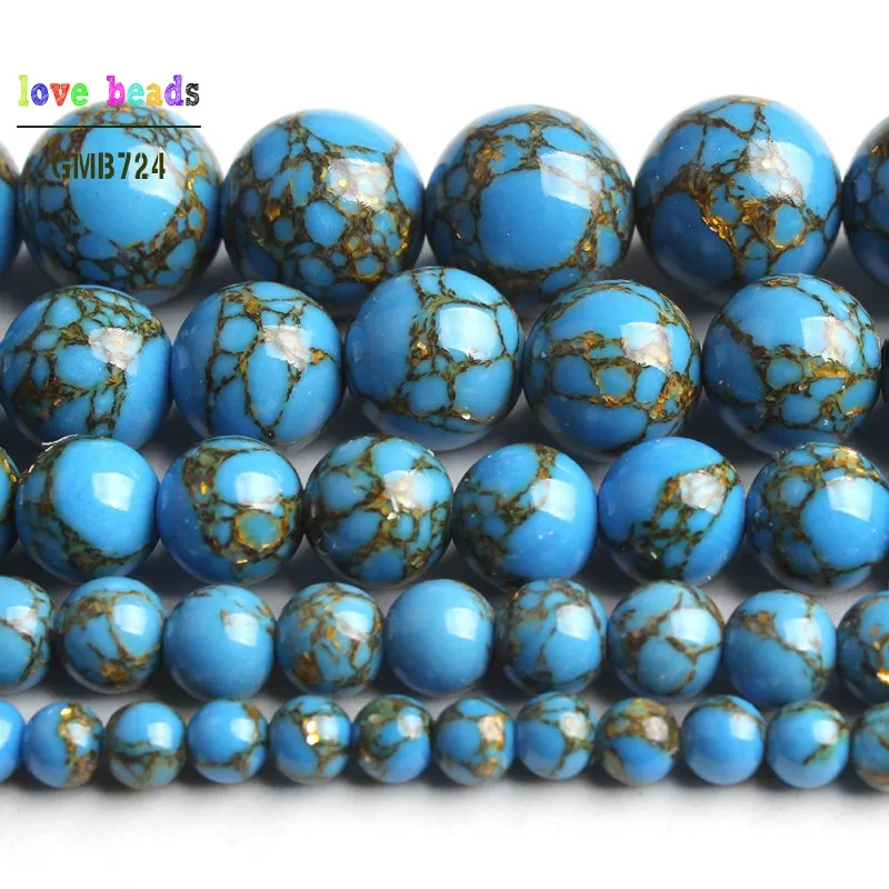 Голубые Круглые бусины Howlite из прядильного золота бриллиантовый браслет 15 дюймов