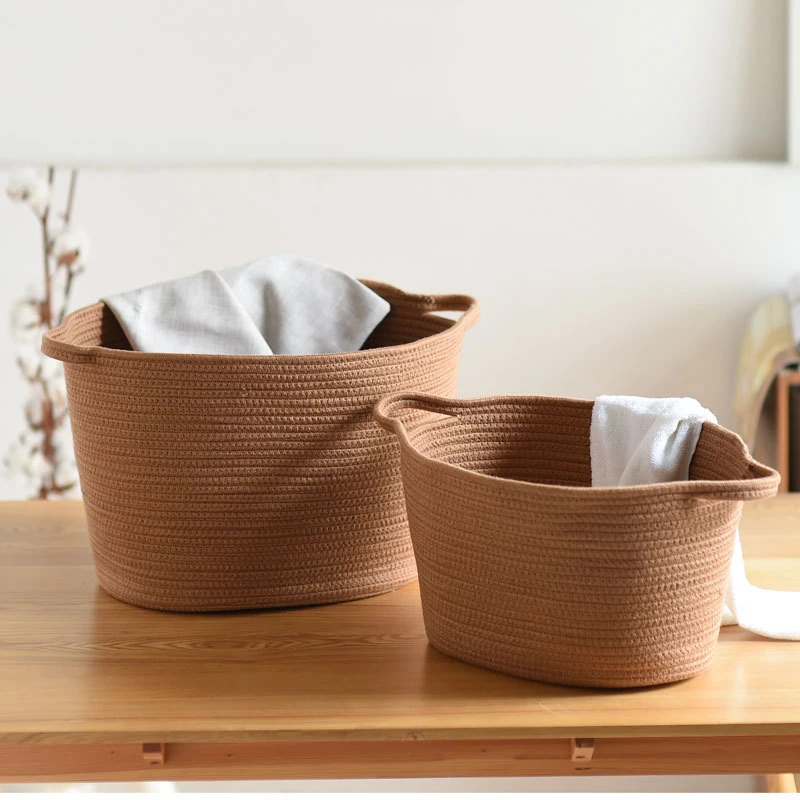Brown 40x23x22CM Корзина для хранения из хлопковой веревки с ручкой большая корзина для белья и грязной одежды натуральная тканая корзина для хранения детская игрушка органайзер для мелочей - Цвет: Brown 40x23x22CM