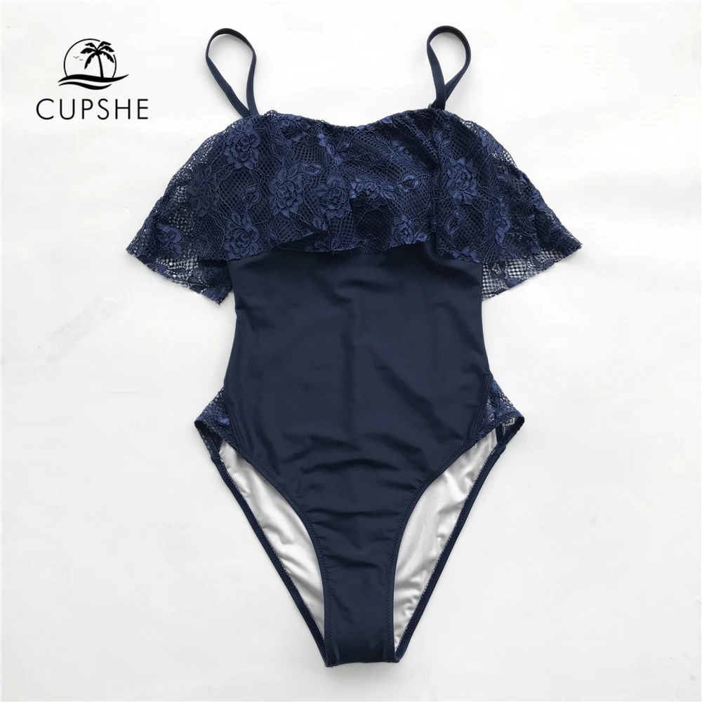 Женский слитный купальник CUPSHE темно синий кружевной с оборками и регулируемыми