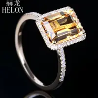 HELON 2.4ct Citrine 6.5x8.5mm Emerald 0.2ct Diamonds Accent Ring Solid 10K Yellow Gold Engagement Wedding Fashion Jewelry Ring