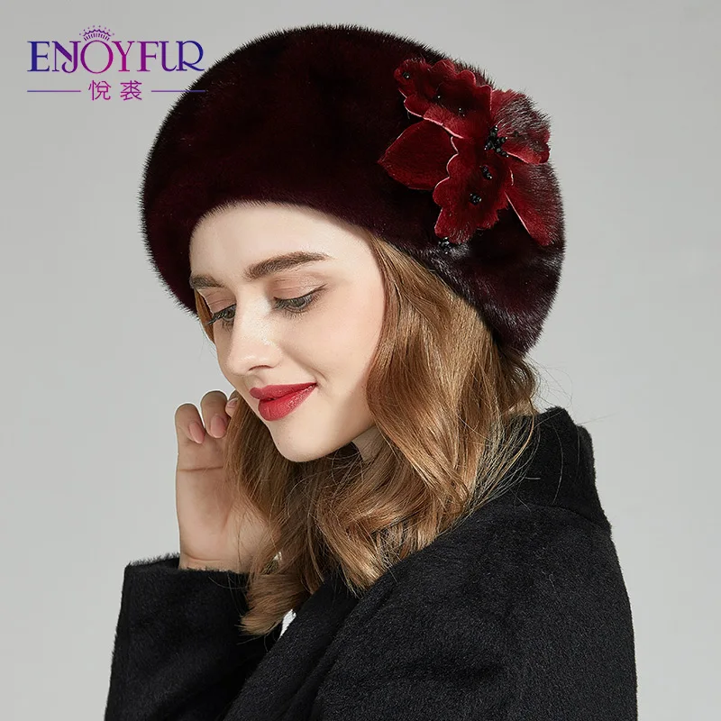 Женская меховая шапка ENJOYFUR, теплая шапочка-берет из цельного куска натурального меха норки с цветком на зиму - Цвет: M03