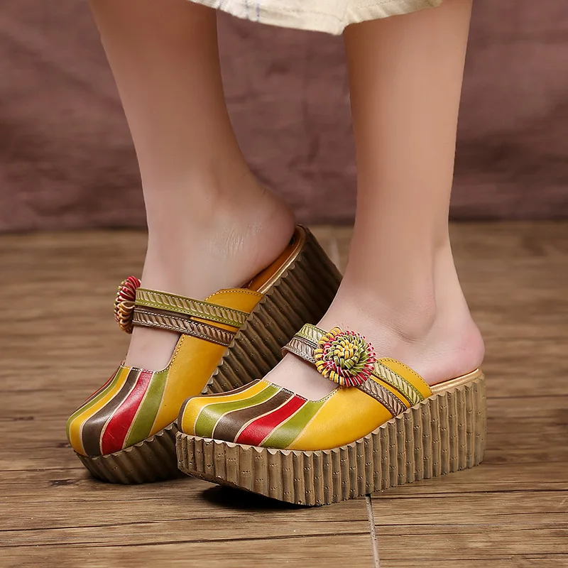 

2019 Summer Shoes Women Wedge Slides Cover Toes Handmade Flower Thick Heels Genuine Leather Lady Platform Slippers