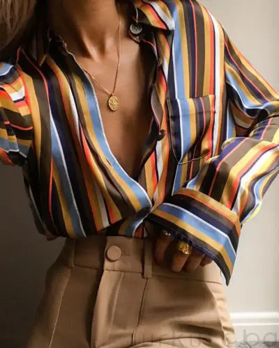 Women Shirts Summer Chiffon Loose Blouse Long Sleeve Striped Shirt Casual Button Down Fashion Streetwear | Женская одежда