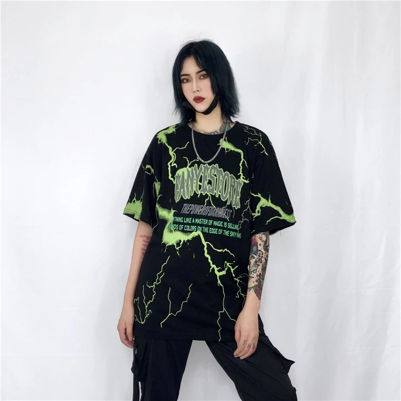 Новинка лета Ulzzang Harajuku корейский хипстер большой размер молния печати Женская футболка свободные модные повседневные топы