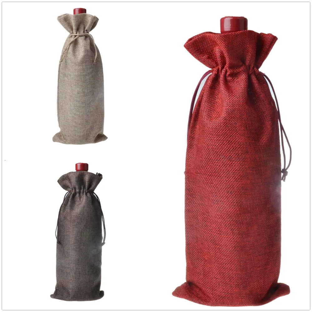 

Jute Wine Bottle Covers Champagne Bottle Bags Linen Drawstring Christmas Wedding Party Gift Pouches Burlap Hessian Packaging Bag