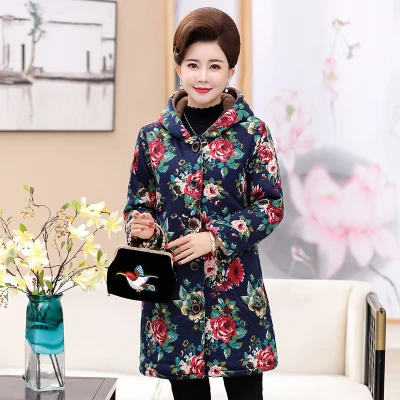 peacock blue 5 Женские зимние топы среднего возраста, большие размеры Материнские вещи большого размера плюс 6XL, Женская парка с цветочным принтом, толстые теплые пальто H528 - Цвет: peacock blue 5