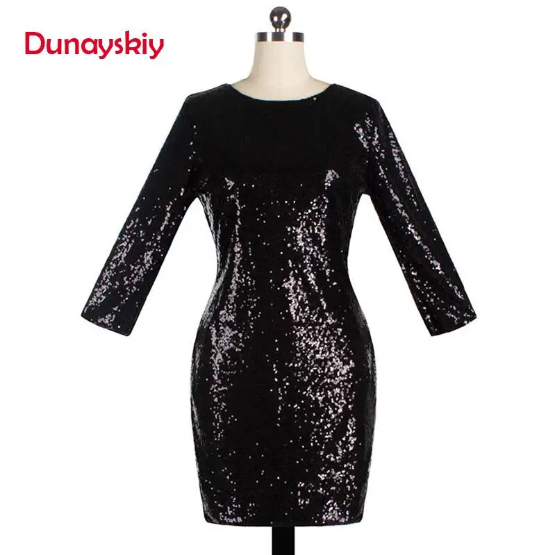 Black-1 Dunayskiy Women Spring Sexy Slim 8 Colors Sequined O-Neck Dresses Female Backless Three Quarter Sleeve Shiny Mini Party Dresses - Цвет: Black-1