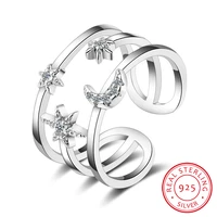 100 real pure 925 sterling silver crystal moon star double layer rings for women ladies statement jewelry wedding finger ring