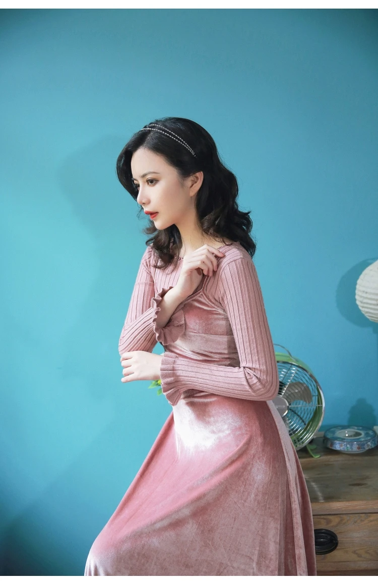 2018 new fashion women's dresses autumn and winter vintage velvet suspender dress+sweater two-piece dress | Женская одежда