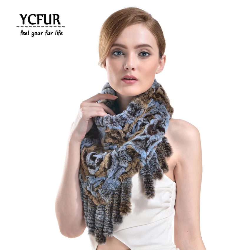 

YCFUR Ladies Scarf Winter Knit Real Rex Rabbit Fur Scarves Wraps Women Trendy Neck Warmer Ring Scarf Female