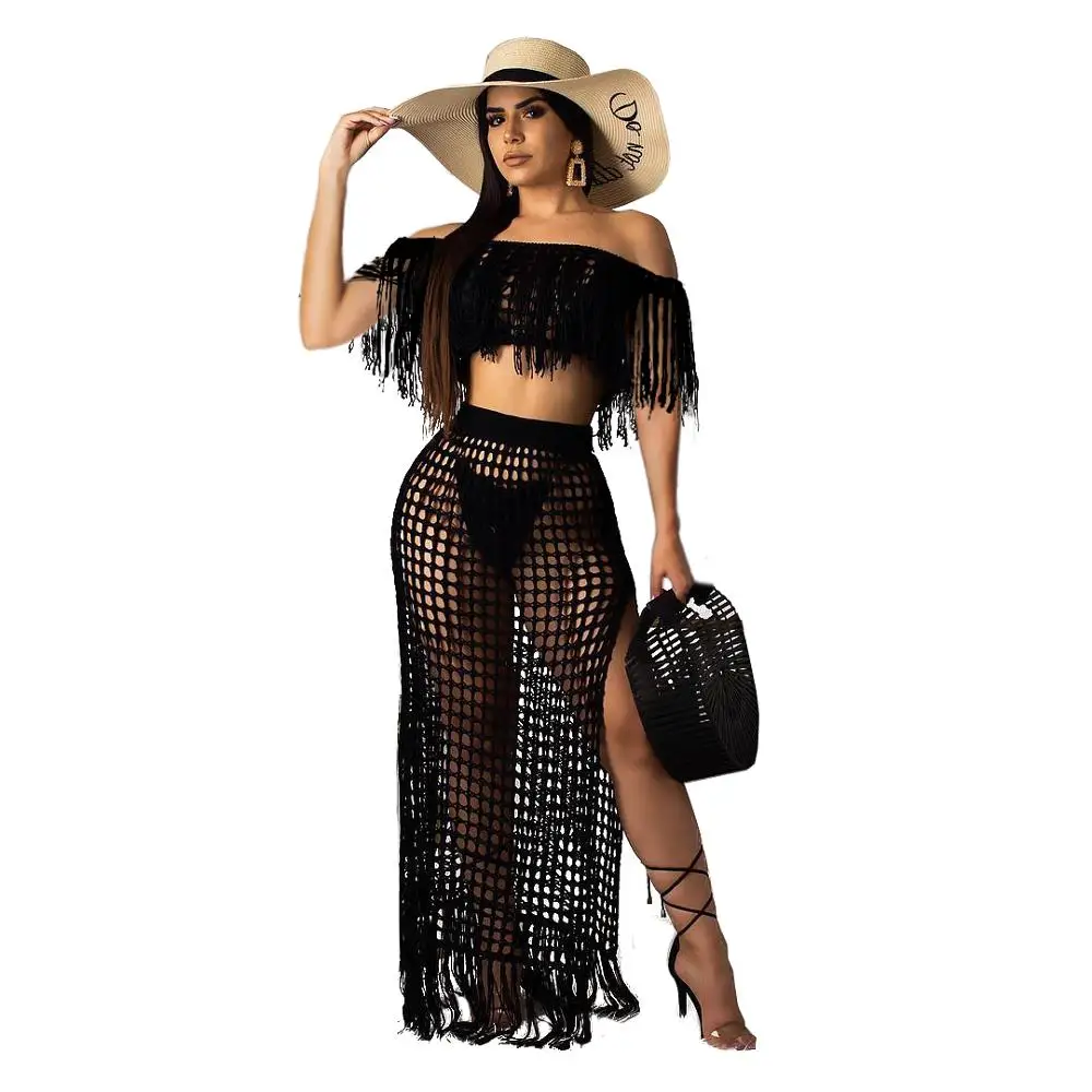 RT Sexy Knitted Women Set Two Pieces Set Slash Neck Cover Ups Slit Tassel Skirt 2 Pieces Set Hollow Out Beach Crocheted Suit