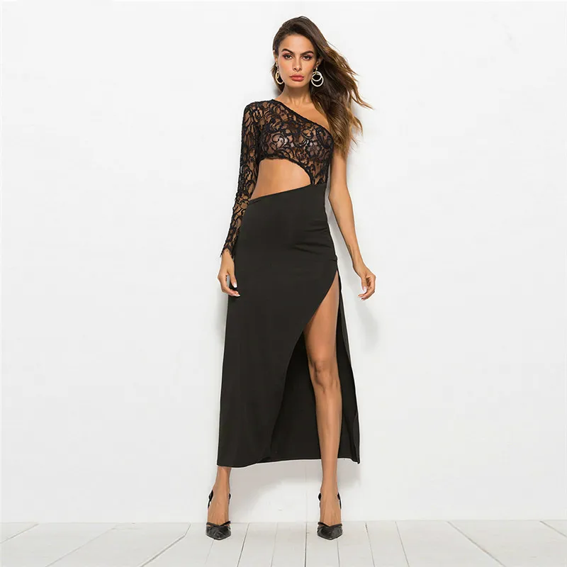 

Sexy Lace Slanted Shoulder Patchwork Split Dress Sexy Lace Maxi Dress Sexy Black Asymmetrical Split Party Dress Hot Maxi Dress