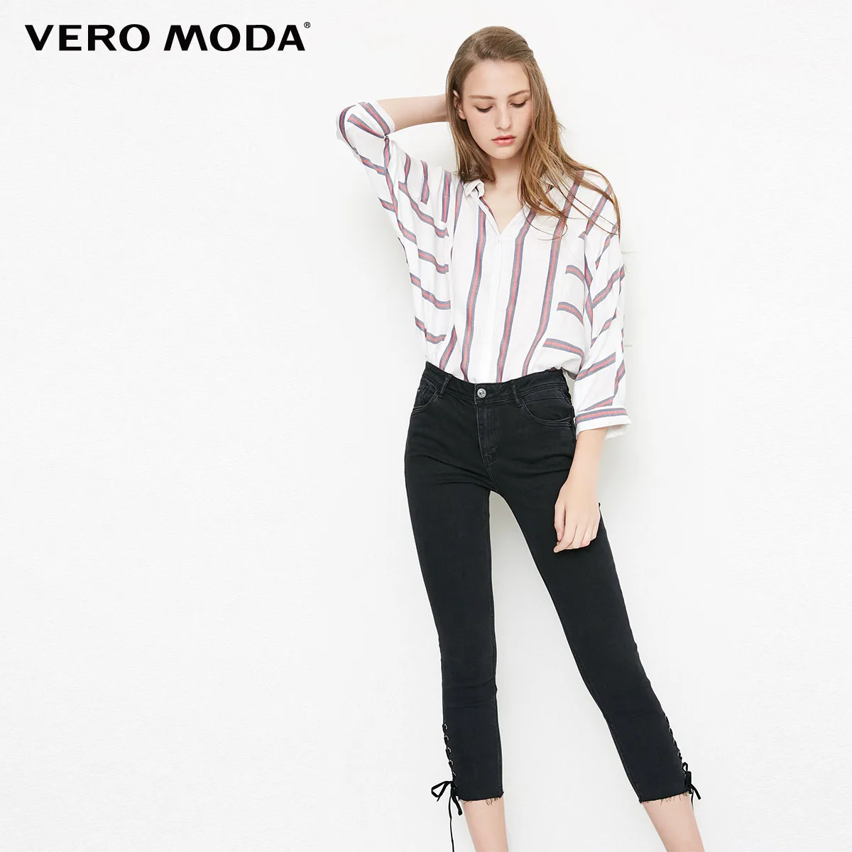 Black denim Vero Moda женские облегающие джинсы капри с эффектом потертости на шнуровке | 31836I503 - Цвет: Black denim