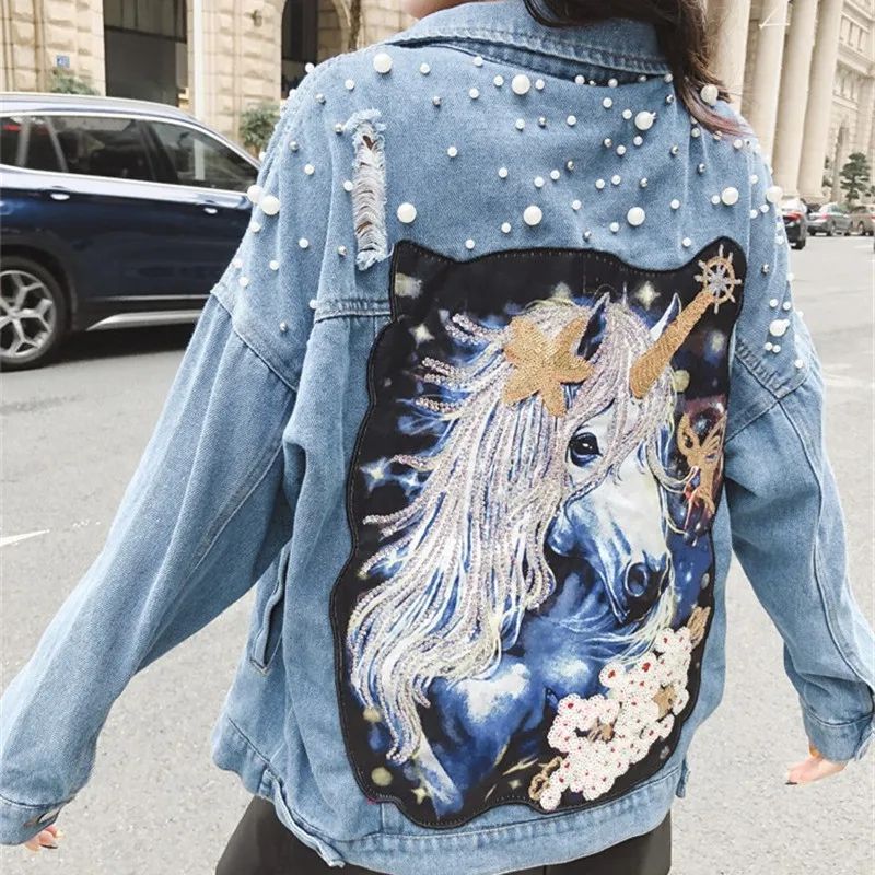 Korobov 2019 New Korean Horse Appliques Jacket Pearls Suquined Cartoon Women Female Coats Loose Casual Demin Mujer Jackets 76387 | Женская