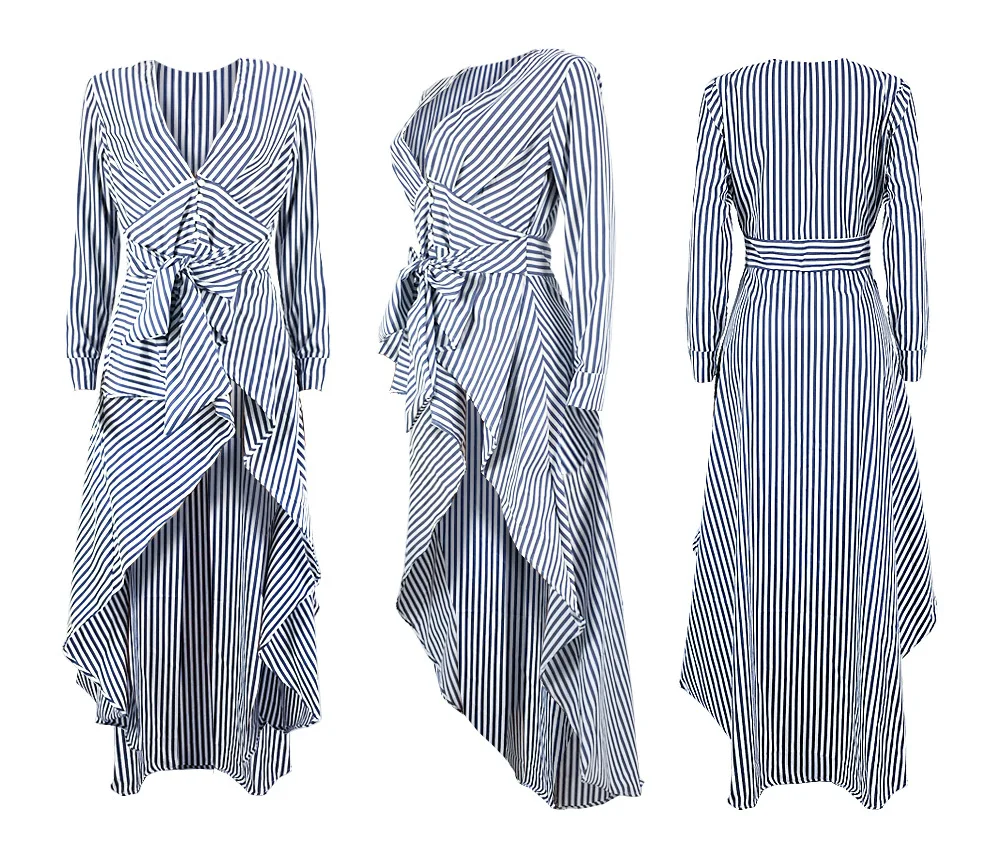

New women's blouse deep V-neck asymmetrical ruffles blue white striped full sleeve elegant office style for ladies