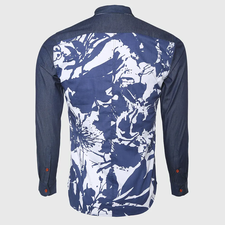 Белая темно-синяя рубашка с принтом мужские роскошные облегающие рубашки