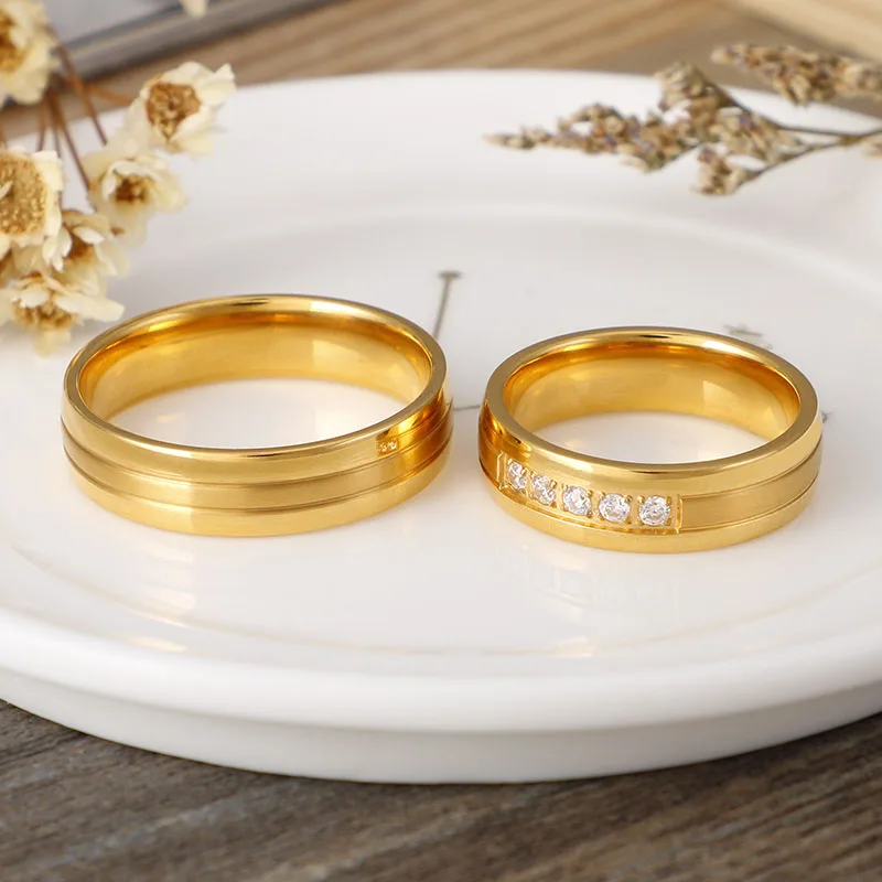 Alliance Wedding Rings Cubic Zirconia Couple for Women and Men Gold Color Stainless Steel Lover Anniversary Jewelry | Украшения и