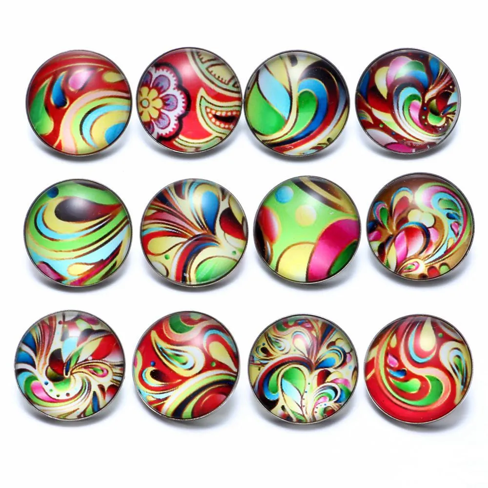 12pcs/lot Colorful Painting Themes Glass Charms 18mm Snap Button Jewelry For Snaps Bracelet KZ0670|18mm snap button jewelry|snap jewelrybutton