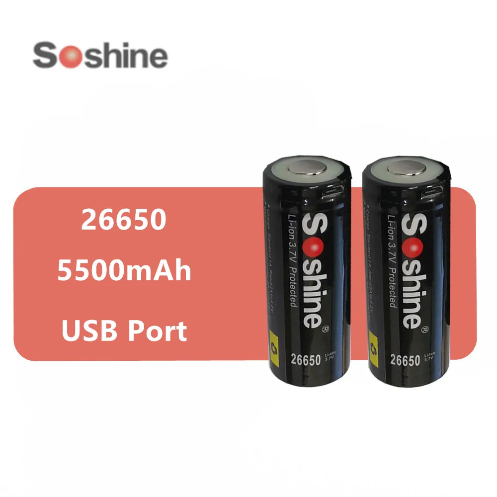 2 шт. оригинальный бренд soshine 26650 аккумулятор 5500 мАч с usb-портом для зарядки