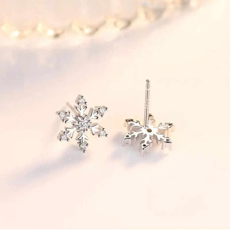Simple 925 Sterling Silver Zircon Snowflake Stud Earrings For Women Christmas Gift S-E582