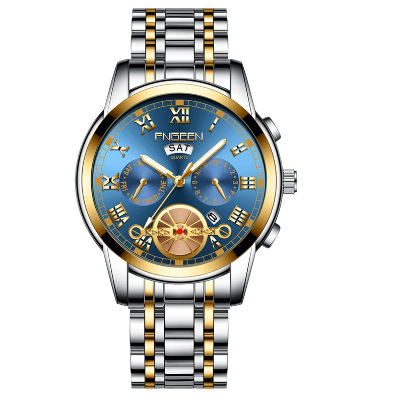 Steel Gold Blue Мужские часы водонепроницаемые кварцевые бизнес мужские s часы лучший бренд класса люкс мужские часы Дата Неделя дисплей повседневные военные спортивные наручные часы - Color: Steel Gold Blue