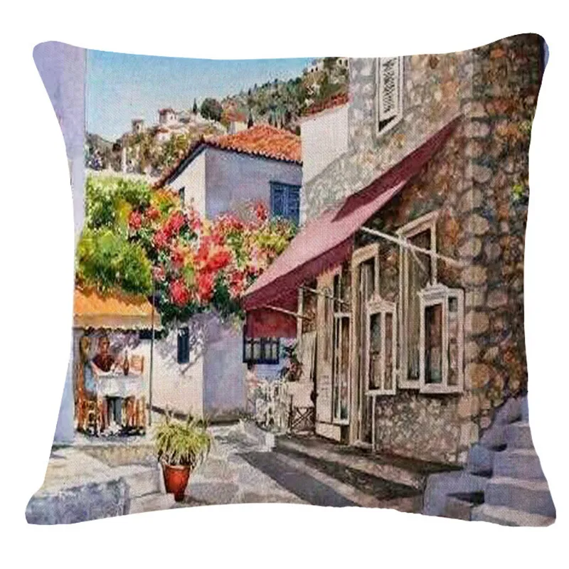 Vintage European Streets Oil Painting Throw Pillow Cover Decorative Massager Pillows Case Zip DIY Home Decor Gift&quot18X18'' | Дом и