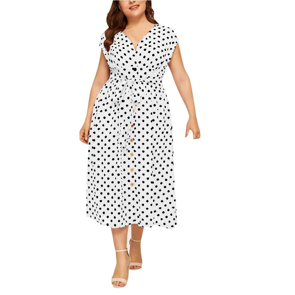 WH MISSOMO 5XL, женское платье, повседневное, размера плюс, длинное, макси, платье в горошек, с принтом, на пуговицах, с поясом, летнее платье, женская одежда 621 - Цвет: WH