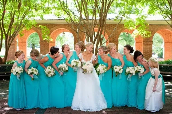 Горячие Тенденции Одно Плечо Длинные Бирюзовый Платья Невесты Шифон Складки-line