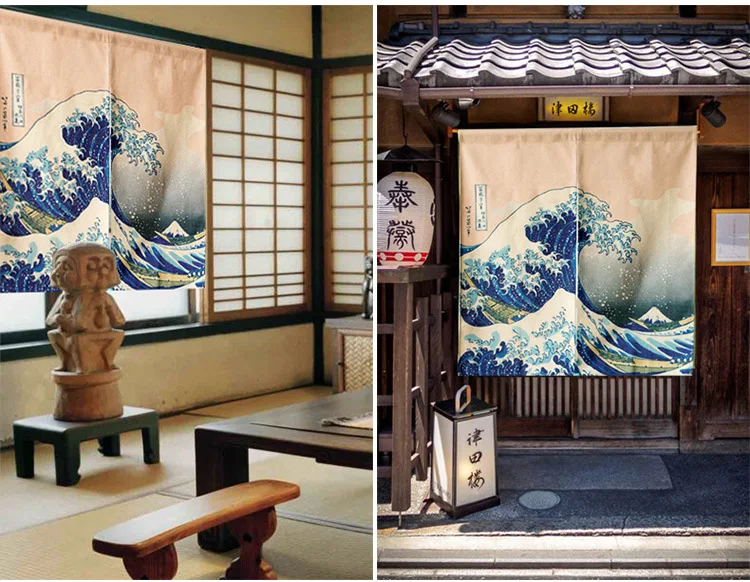 Японская дверь занавески льняные хлопковые с принтом волн Короткие Занавески