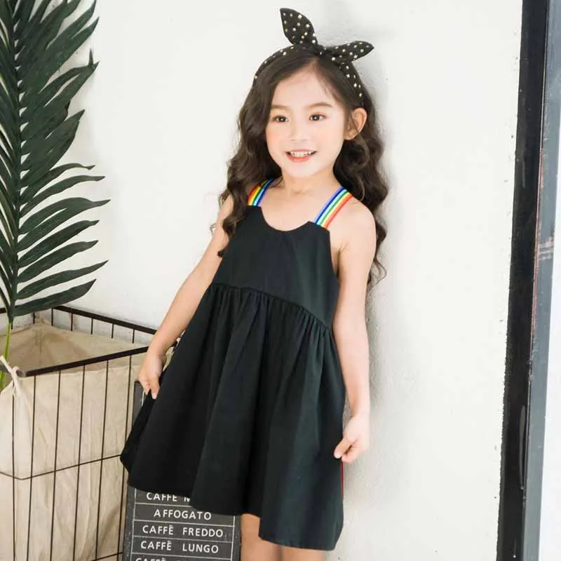 Детская Костюмы Летнее платье для девочек Радуга ремень просто черный Хлопковое