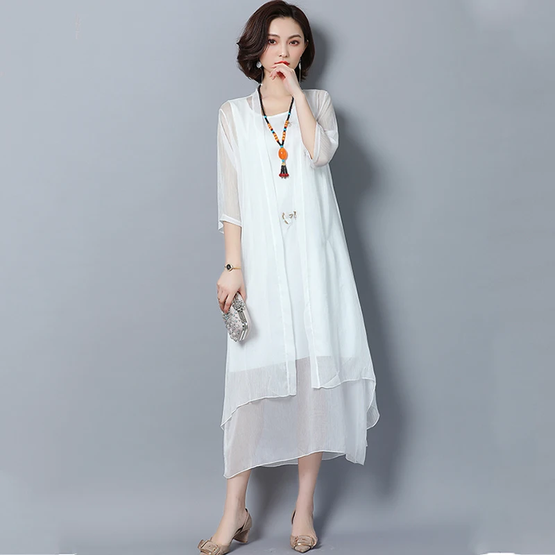 Женское платье из двух частей Свободное длинное с вышивкой и принтом весна-лето