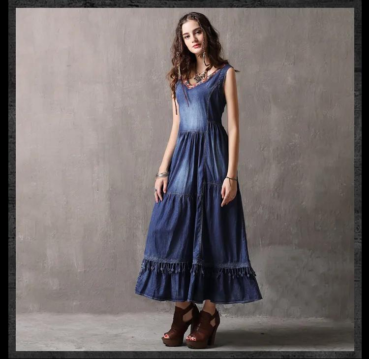 Летнее джинсовое платье для женщин без рукавов с v-образным вырезом и кружевной вышивкой А-силуэта из хлопка голубое винтажное длинное платье макси Vestidos