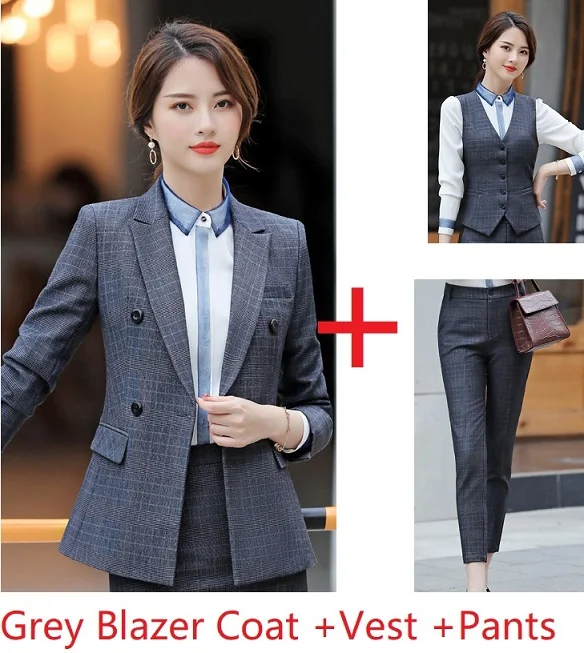Grey Plaid Модный клетчатый формальный комплект из 3 предметов, женские деловые костюмы с пиджаком и брюками-карандашами, жилетом и жилетом, дамские брючные костюмы - Цвет: Grey Plaid
