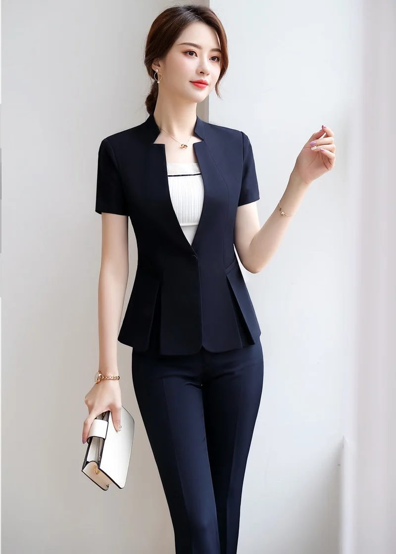 

2019 Summer Short Sleeve Women Business Suits With Pants and Tops Uniform Styles Office Ladies Blazers Suits Pants Suits