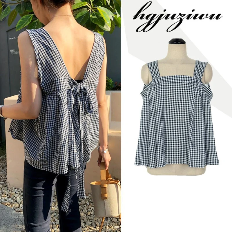 Клетчатые топы женские летние повседневные блузки без рукавов рубашки милые