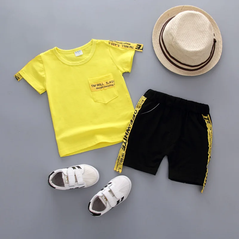 Summer Yellow Casual Children Sets Version 1-4 Years Boys T-shirts and Shorts Baby Letter Pocket Short-sleeved | Детская одежда и