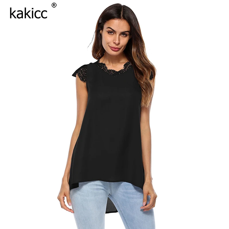 Lace Spliced Chiffon Women Blouses V Neck Sleeveless Shirts Summer Loose Casual Female Fashions Elegant White Solid Tops |