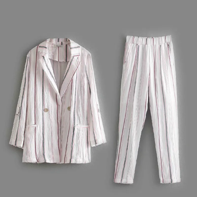 Женский костюм 2019 лето новый тонкий раздел был двубортный полосатый пиджак