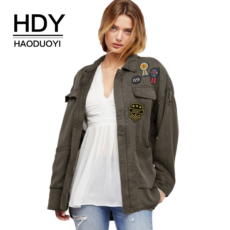 Женские куртки с вышивкой HDY Haoduoyi повседневные свободные карманами свободная