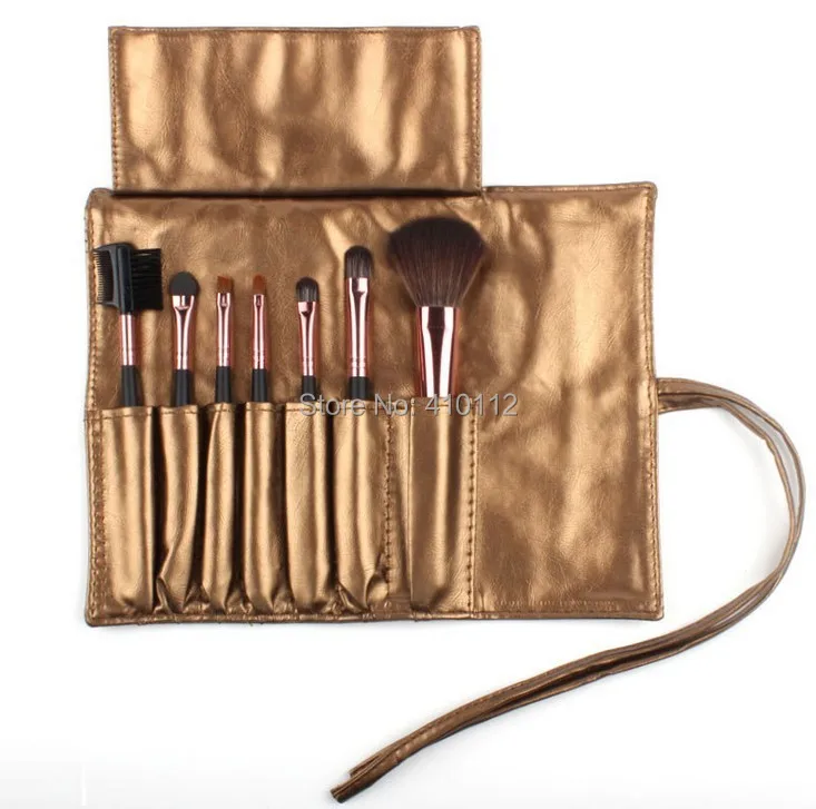 Высококачественный набор кистей для макияжа 7 в гладкий Золотой кожаной сумке