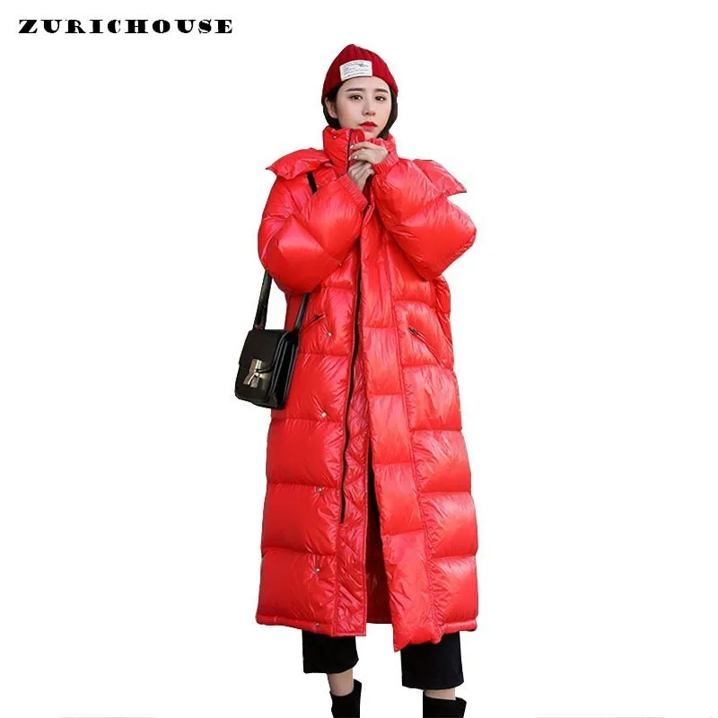 ZURICHOUSE, зимние пальто для женщин, длинные, с капюшоном, яркая поверхность, металл, красный цвет, теплая парка для женщин, размера плюс, пуховики с хлопковой подкладкой