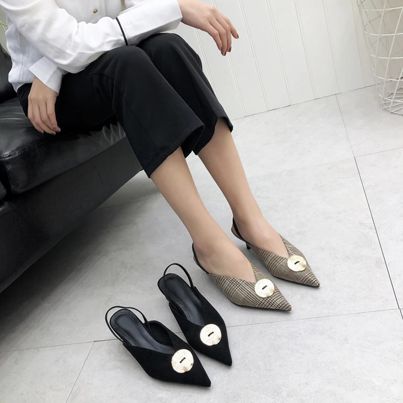 MONMOIRA металлические пряжки плед Slingback каблуки Женская обувь с острым носком Обувь